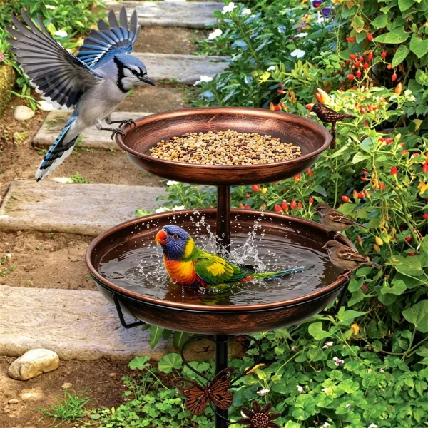 Tall Bird Bath and Feeder with Stake Vintage Style